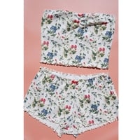 2PCS Pink Floral Print Frill Strapless Top + Shorts Set - Thumbnail 5