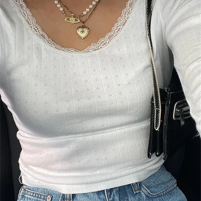 White ribbed lace long sleeve shirt  - Thumbnail 2