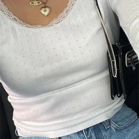 White Ribbed Lace Long Sleeve Shirt  - Thumbnail 1