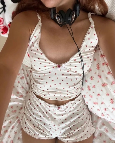 2PCS White Rose Lace Camisole + Shorts