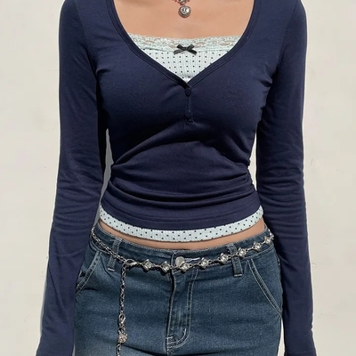 2pcs polka dot lace patchwork long sleeve shirt  - Thumbnail 3