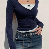 2PCS Polka Dot Lace Patchwork Long Sleeve Shirt  - Thumbnail 1