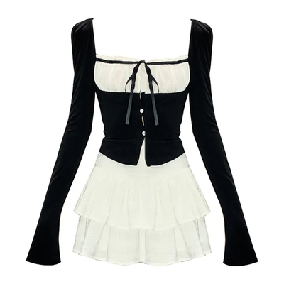 2pcs long sleeve square collar top + mini tierred ruffle skirt - Thumbnail 1