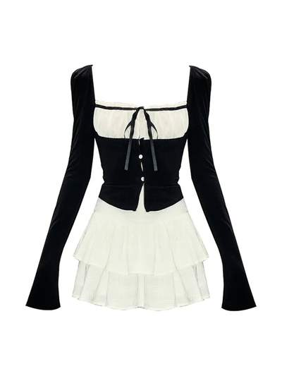 2PCS Long Sleeve Square Collar Top + Mini Tierred Ruffle Skirt