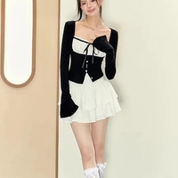 2PCS Long Sleeve Square Collar Top + Mini Tierred Ruffle Skirt - Thumbnail 1