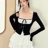 2PCS Long Sleeve Square Collar Top + Mini Tierred Ruffle Skirt - Thumbnail 3