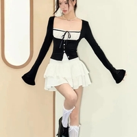 2PCS Long Sleeve Square Collar Top + Mini Tierred Ruffle Skirt - Thumbnail 4
