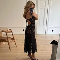 Black Floral Mesh Lace Backless Slip Dress - Thumbnail 3