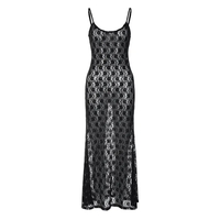 Black Floral Mesh Lace Backless Slip Dress - Thumbnail 8