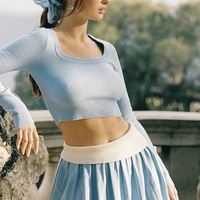 2PCS Blue Knit Long Sleeve Top + High Waist Pleated Mini Skirt  - Thumbnail 2