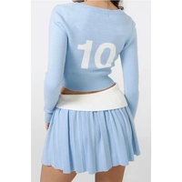 2PCS Blue Knit Long Sleeve Top + High Waist Pleated Mini Skirt  - Thumbnail 6