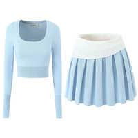 2PCS Blue Knit Long Sleeve Top + High Waist Pleated Mini Skirt  - Thumbnail 7