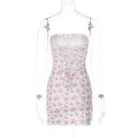 Pink Floral Ribbon Tie Up Off Shoulder Mini Dress  - Thumbnail 7