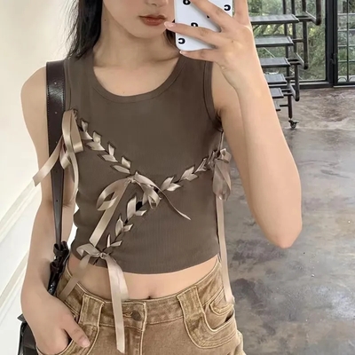 Brown bow tie hollow out tank top - Thumbnail 4