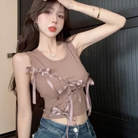 Brown Bow Tie Hollow Out Tank Top - Thumbnail 2