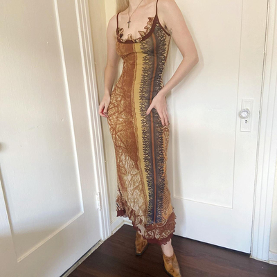Retro Brown Lace V Neck Maxi Dress