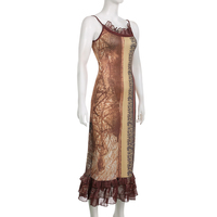 Retro Brown Lace V Neck Maxi Dress - Thumbnail 4