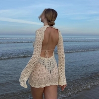 Blue Beach Backless Crochet Long Sleeve Dress - Thumbnail 1