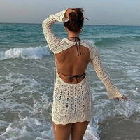 Blue Beach Backless Crochet Long Sleeve Dress - Thumbnail 7