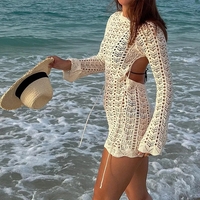 Blue Beach Backless Crochet Long Sleeve Dress - Thumbnail 6