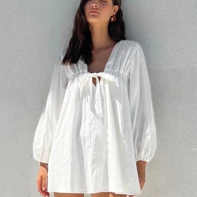 White cotton lantern long sleeve dress - Thumbnail 3