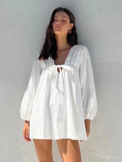 White Cotton Lantern Long Sleeve Dress