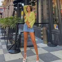 Green Sheer Flare Long Sleeve V Neck Blouse  - Thumbnail 1