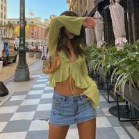 Green Sheer Flare Long Sleeve V Neck Blouse  - Thumbnail 3