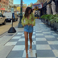 Green Sheer Flare Long Sleeve V Neck Blouse  - Thumbnail 4