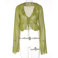 Green Sheer Flare Long Sleeve V Neck Blouse  - Thumbnail 6