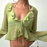 Green Sheer Flare Long Sleeve V Neck Blouse  - Thumbnail 7