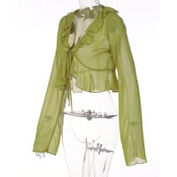 Green Sheer Flare Long Sleeve V Neck Blouse  - Thumbnail 8