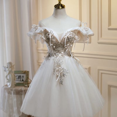 Champagne tulle lace knee length prom dress, champagne off shoulder evening party dress - Thumbnail 1