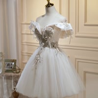 Champagne Tulle Lace Knee Length Prom Dress, Champagne Off Shoulder Evening Party Dress - Thumbnail 1