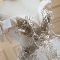 Champagne Tulle Lace Knee Length Prom Dress, Champagne Off Shoulder Evening Party Dress - Thumbnail 2