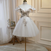 Champagne Tulle Lace Knee Length Prom Dress, Champagne Off Shoulder Evening Party Dress - Thumbnail 3