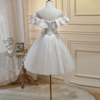 Champagne Tulle Lace Knee Length Prom Dress, Champagne Off Shoulder Evening Party Dress - Thumbnail 4