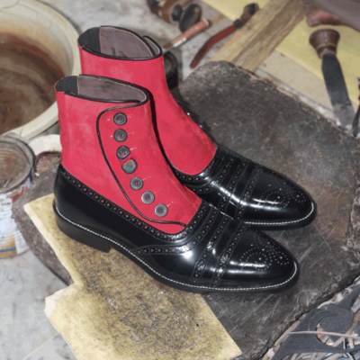 Handmade black calf and red suede men button ankle dress boot - Thumbnail 5