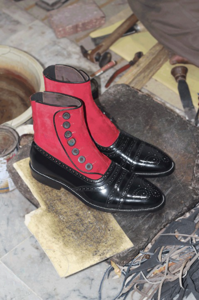 Handmade Black Calf and Red Suede Men Button Ankle Dress Boot