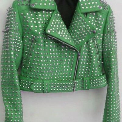 Women's green classic handmade cowhide leather silver studded brando style belted jacket