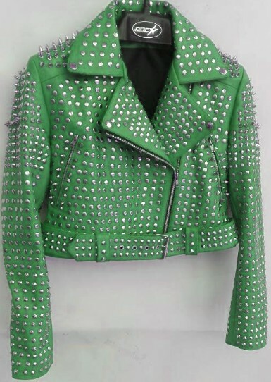 Women's Green Classic Handmade Cowhide Leather Silver Studded Brando Style Belted Jacket