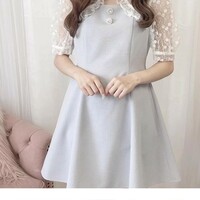 Fake two-piece lace dress stitching short-sleeved mid-length skirt high waist Japanese doll collar skirt - Thumbnail 3