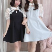Fake two-piece lace dress stitching short-sleeved mid-length skirt high waist Japanese doll collar skirt - Thumbnail 4