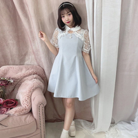 Fake two-piece lace dress stitching short-sleeved mid-length skirt high waist Japanese doll collar skirt - Thumbnail 5