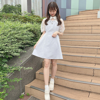 Fake two-piece lace dress stitching short-sleeved mid-length skirt high waist Japanese doll collar skirt - Thumbnail 7