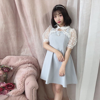 Fake two-piece lace dress stitching short-sleeved mid-length skirt high waist Japanese doll collar skirt - Thumbnail 8