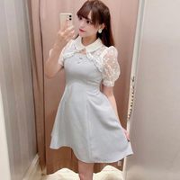 Fake two-piece lace dress stitching short-sleeved mid-length skirt high waist Japanese doll collar skirt - Thumbnail 9