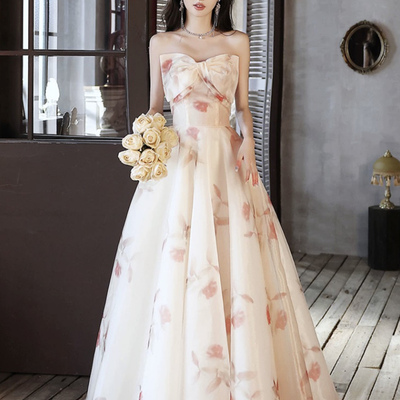 Champagne tulle long prom dress with bow, cute a-line evening party dress - Thumbnail 2