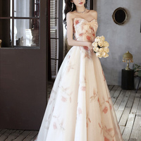 Champagne Tulle Long Prom Dress with Bow, Cute A-Line Evening Party Dress - Thumbnail 1