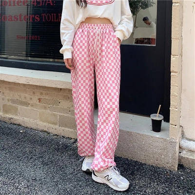 Pink Gingham Loose High Waist Pants 